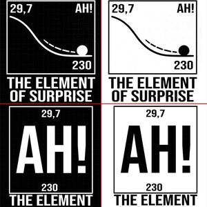 以下が含まれることがあります： 「I HAD POTENTIAL AH!」と「THE ELEMENT OF SURPRISE」のテキストが入った白黒のグラフィックデザイン。曲線に沿って転がるボールの図と数字「29,7」と「230」が含まれています。