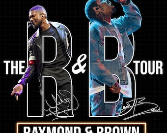 May include: Concert poster featuring Usher and Chris Brown. The poster has a black background with white text that reads "THE R&B TOUR" and "RAYMOND & BROWN". The image includes signatures and a grid pattern.