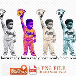 Peut inclure: Téléchargement numérique de quatre illustrations de jeunes joueurs de baseball en uniforme des Expos, chacun tenant un casque. Les images sont dans différents schémas de couleurs, avec le texte "born ready" répété en dessous. Le fichier est un fichier PNG 4 avec une résolution HD 4000 X4700 pixels.