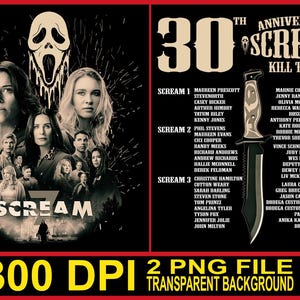 Puede incluir: Un póster promocional para el "Scream" 30th Anniversary Kill Tour. El póster presenta un collage de actores, la icónica máscara de Ghostface y un cuchillo grande. El texto incluye el título de la película, los nombres del elenco y "300 DPI 2 PNG FILE TRANSPARENT BACKGROUND."
