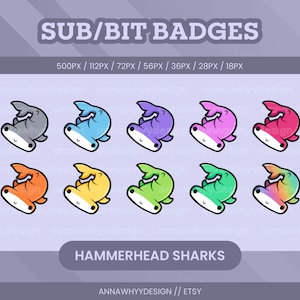 Hammerhead Shark Sub/Bit Badges or Channel Point Icons for Twitch Streamers | Cute Chibi Animal Emotes or Badge for Twitch, Youtube, Discord
