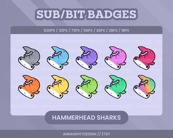 Hammerhead Shark Sub/Bit Badges or Channel Point Icons for Twitch Streamers | Cute Chibi Animal Emotes or Badge for Twitch, Youtube, Discord