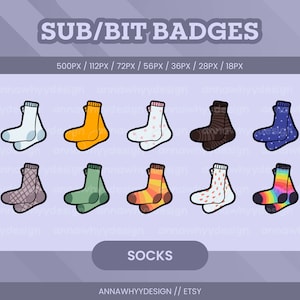 Gedessineerde sokken Sub/Bit-badges of kanaalpuntpictogrammen voor Twitch-streamers | Leuke Chibi Cosy Emotes of Badges voor Twitch, Youtube, Discord