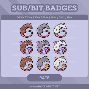 Rat Sub/Bit-badges of kanaalpuntpictogrammen voor Twitch-streamers | Leuke Chibi Custom Animal Mouse Emotes of Badge voor Twitch, Youtube, Discord
