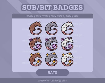 Rat Sub/Bit Badges or Channel Point Icons for Twitch Streamers | Cute Chibi Custom Animal Mouse Emotes or Badge for Twitch, Youtube, Discord