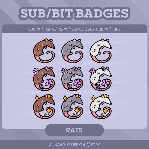 Rat Sub/Bit Badges or Channel Point Icons for Twitch Streamers | Cute Chibi Custom Animal Mouse Emotes or Badge for Twitch, Youtube, Discord