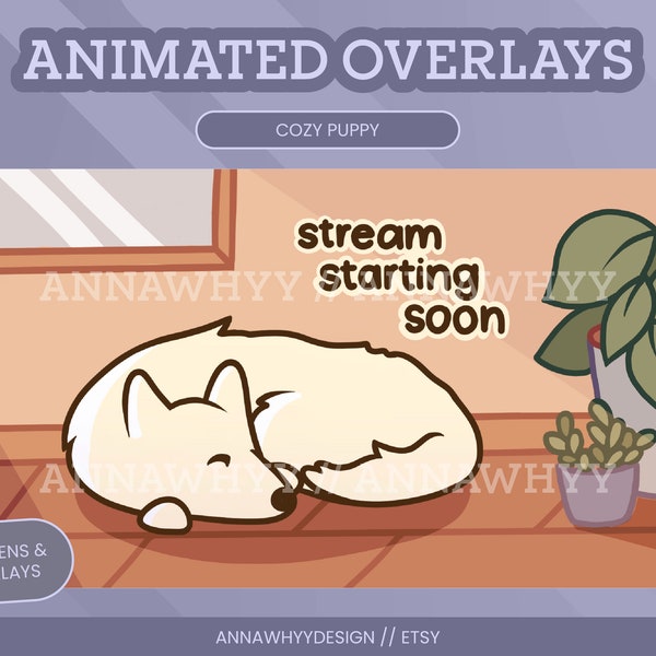 Animated Cozy Sleeping Puppy Dog Stream Overlay and Scenes for Twitch, Youtube | Cute Lofi Sleepy Samoyed Streaming Overlays Screens for OBS