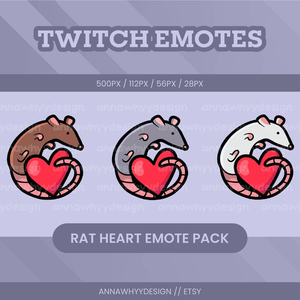 Rat Love Heart Emote Package for Twitch, Discord, Youtube | Cute Animal Custom Twitch Stream Discord Emote Set | Brown/White/Grey Rat Mouse