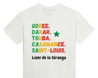 Cadeau T-shirt Sénégal, lion de la Téranga, maillot coupe d’Afrique des nations CAN, carte drapeau Sénégal, Dakar, Gorée, Casamance, Touba,
