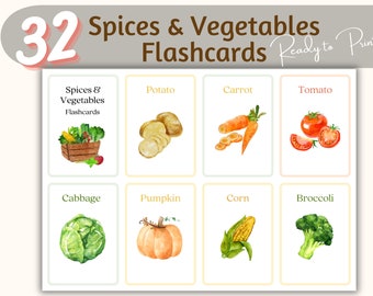 Printable Spices & Vegetables Flashcards watercolor Educational Montessori for kids