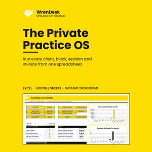 May include: A yellow digital product advertisement for WrenDesk Spreadsheet Systems titled The Private Practice OS. It features a business dashboard screenshot with charts for revenue and sessions, plus text for Excel, Google Sheets, and instant download.