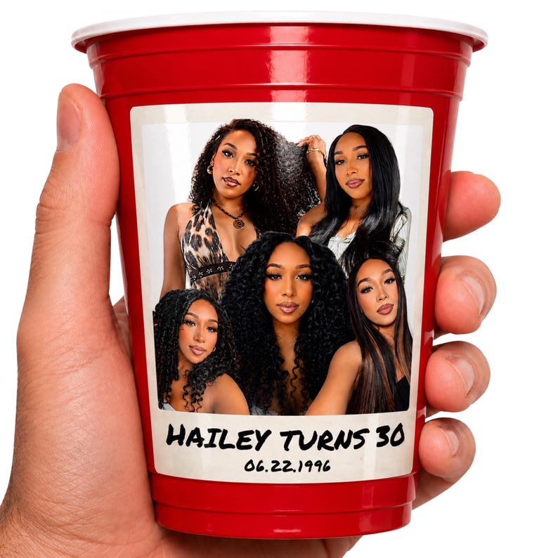 Red 16 oz personalized photo party cup held in hand and featuring a custom Polaroid-style collage sticker with five portraits, bold “Hailey Turns 30” text, and the date 06.22.1996. The glossy photo label creates a polished custom look for a milestone celebration. Ideal for personalized 30th birthday party favors, adult birthday decorations, custom disposable drinkware, photo cups for guests, dirty thirty party supplies, and coordinated birthday table décor.