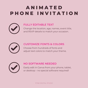 Animated phone invitation template featuring fully editable text, customizable fonts and colors, and no software needed. Canva digital Las Vegas birthday weekend invitation designed for instant download and mobile sharing. Modern pink and black neon girls trip celebration invite.