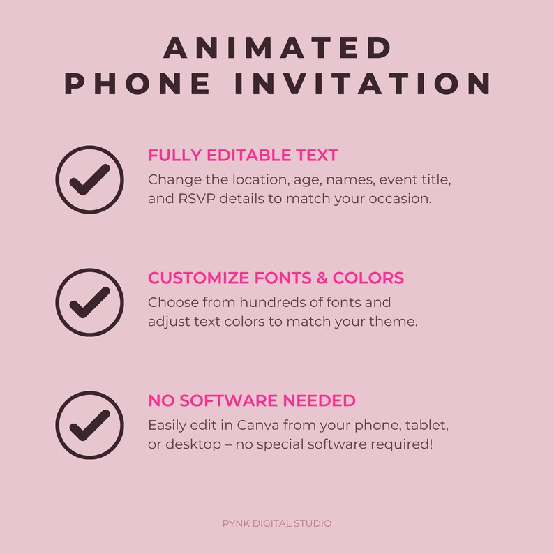 Animated phone invitation template featuring fully editable text, customizable fonts and colors, and no software needed. Canva digital Las Vegas birthday weekend invitation designed for instant download and mobile sharing. Modern pink and black neon girls trip celebration invite.
