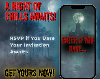 Può includere: Un invito digitale con un'immagine inquietante di una casa infestata in una foresta oscura. Il testo recita "Una notte di brividi ti aspetta! RSVP se osi. Il tuo invito ti aspetta. Prendilo ora!" e "Entra se osi..."