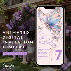 Modello di invito con farfalla per una festa di compleanno alla lavanda, festa a tema per ragazze, modello modificabile, modelli di invito scaricabili