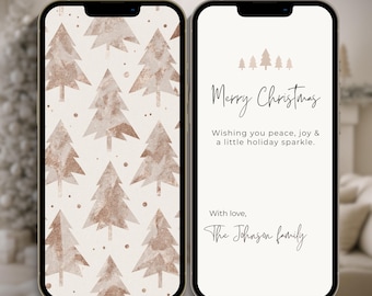 Neutrale beige digitale kerstboomkaart - minimale telefoonsjabloon vakantiewens, bewerkbaar vrolijk kerstfeest, tekstbare canva-telefoonkaarten
