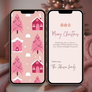 Może przedstawiać: Dwa smartfony wyświetlające świąteczne wzory. Jeden pokazuje różowe domy i drzewa, drugi zawiera napis "Merry Christmas" z świąteczną wiadomością i nazwiskiem. Świąteczny i sezonowy.