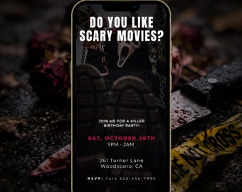 Invitación en video con temática de fiesta de cumpleaños de asesinos, invitación telefónica de terror con rosas oscuras, invitación de cumpleaños de terror editable para mujeres, invitación por mensaje de texto.
