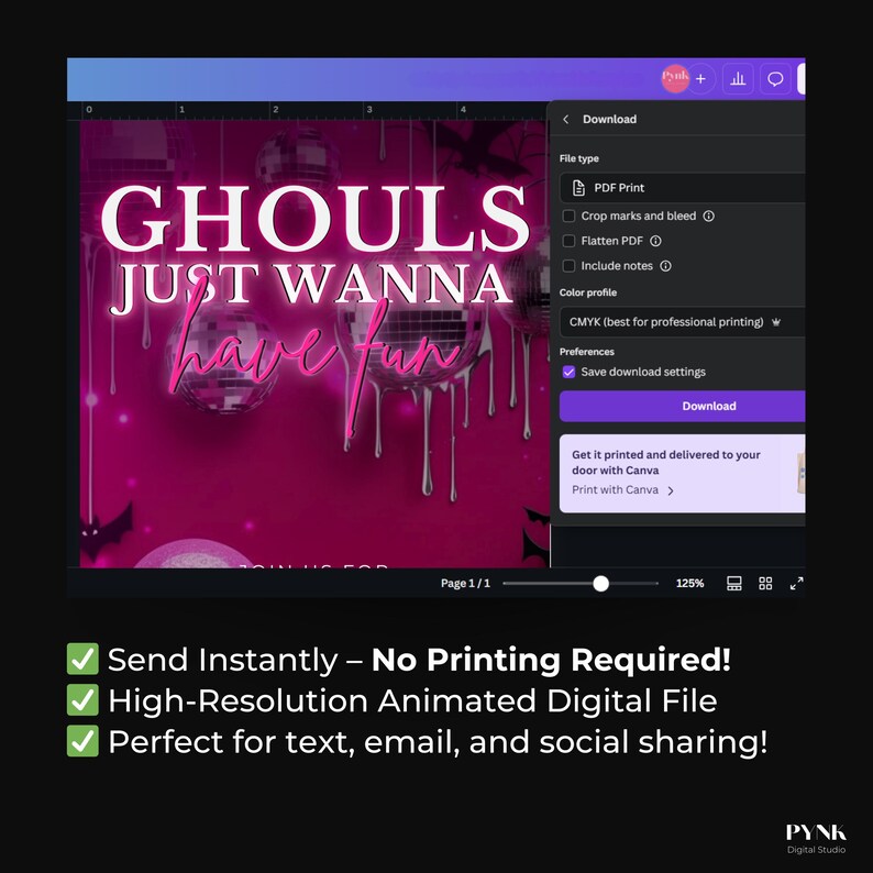 Informational graphic with dripping black paint top border and light pink text bubbles on black background. Each section explains customizable features: editable text, font and color options, and no software needed. Designed to educate buyers on how easy it is to personalize this Halloween digital invitation. Chic and minimal layout fits glam branding of Pynk Digital Studio.