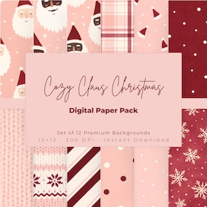 Könnte beinhalten: Ein digitales Papierpaket mit Weihnachtsmotiv. Das Bild zeigt verschiedene Muster, darunter Weihnachtsmann-Gesichter, Karos, Schneeflocken und Punkte. Der Text "Cozy Claus Christmas" und "Digital Paper Pack" wird auf einem rosa Hintergrund angezeigt.