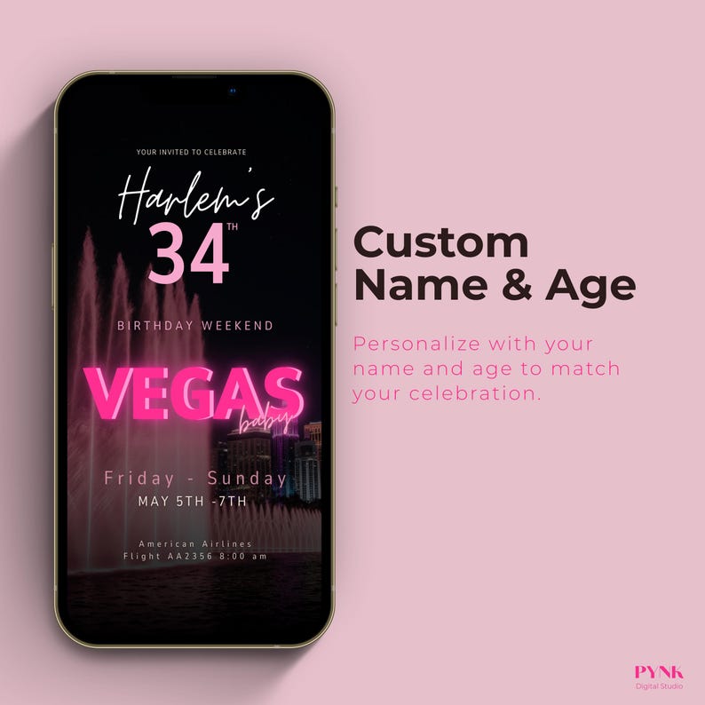 Custom name and age Vegas birthday invitation template shown on iPhone screen. Personalized animated digital invite editable in Canva with pink neon typography and modern black background. Birthday weekend Las Vegas trip invitation with customizable details, dates, and celebration information.
