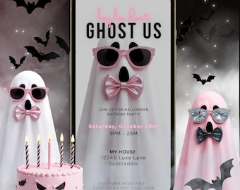 Bewerkbare sjabloon voor geestverjaardagsuitnodiging | Leuke griezelige digitale download van Halloween-feest | Instant uitnodiging Pink Boo Bash Girls Night