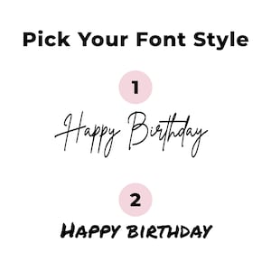 Font style selection chart for personalized photo party cups showing elegant script and bold handwritten “Happy Birthday” lettering options.