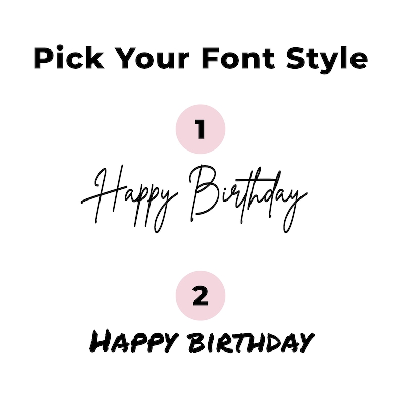 Font style selection chart for personalized photo party cups showing elegant script and bold handwritten “Happy Birthday” lettering options.