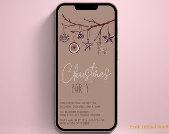 May include: A digital invitation for a Christmas party with a brown background and a branch with ornaments hanging from it. The text reads "Christmas Party" and includes details about the event, including the date, time, location, RSVP information, and a request to bring a dish or dessert.