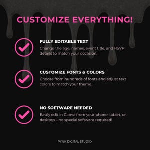 Instructional graphic showing how to download the animated Halloween invite in Canva. Features screenshot of the download panel with the pink invitation on screen and checkmarks for “No Printing Required,” “High-Resolution Animated Digital File,” and “Perfect for email, text, and social sharing.” Modern, black background with clear messaging for digital shoppers seeking quick party solutions.