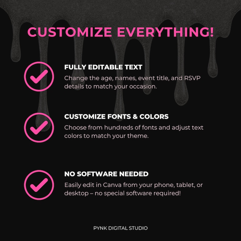 Instructional graphic showing how to download the animated Halloween invite in Canva. Features screenshot of the download panel with the pink invitation on screen and checkmarks for “No Printing Required,” “High-Resolution Animated Digital File,” and “Perfect for email, text, and social sharing.” Modern, black background with clear messaging for digital shoppers seeking quick party solutions.