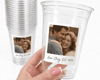 Plastics Wedding Cups with Bride and Groom Photo, Personalized Wedding Cocktail Plastic Cups, Custom Clear Wedding Favor Cups Plastic, Bulk