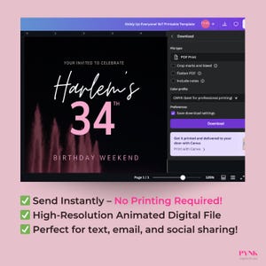 Digital Vegas birthday invitation template showing Canva download screen with “Send Instantly – No Printing Required” text. High-resolution animated digital file perfect for text message, email, and social sharing. Editable phone invitation for Las Vegas birthday weekend or girls trip celebration.