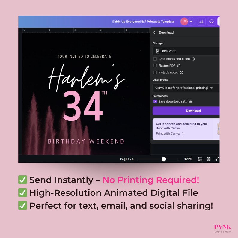Digital Vegas birthday invitation template showing Canva download screen with “Send Instantly – No Printing Required” text. High-resolution animated digital file perfect for text message, email, and social sharing. Editable phone invitation for Las Vegas birthday weekend or girls trip celebration.