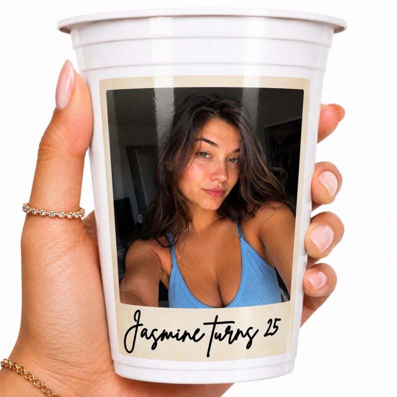 Personalized birthday cups bulk for 21st birthday party, custom plastic cups with photo and name, disposable drinkware for milestone birthdays, bulk custom party cups for adult celebrations, birthday party favor cups personalized, custom drinkware set for events and parties
