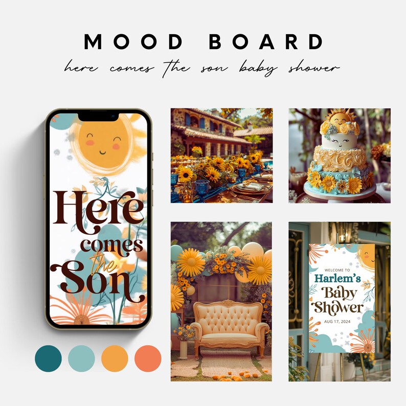 May include: A mood board for a baby shower with a yellow and blue color scheme. The board features a phone screen with the text "Here comes the Son", a cake with sunflowers and blue frosting, a couch decorated with sunflowers, and a sign that says "Welcome to Harlem's Baby Shower".