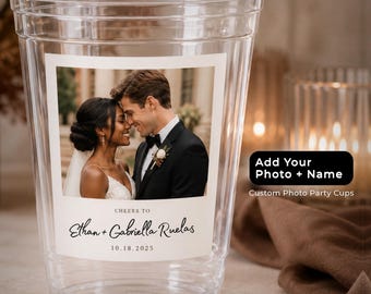 Minimalist Wedding Cups with Custom Picture, Personalized Wedding Reception Cups, Custom Wedding Cocktail Cups Favor, Clear Party Cups