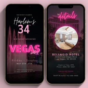 Hotel details slide for Las Vegas birthday weekend invitation featuring Bellagio hotel information, address, check-in time, and RSVP details. Animated pink neon typography with luxury city background. Fully editable Canva digital phone invitation template for girls trip or milestone birthday.