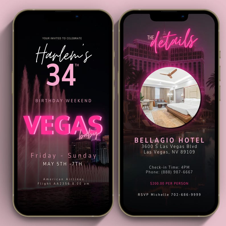 Hotel details slide for Las Vegas birthday weekend invitation featuring Bellagio hotel information, address, check-in time, and RSVP details. Animated pink neon typography with luxury city background. Fully editable Canva digital phone invitation template for girls trip or milestone birthday.