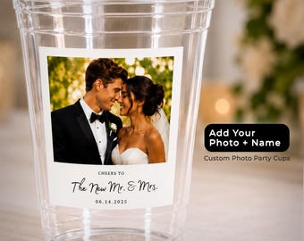 Custom Wedding Cocktail Cups with Couple Photo, Personalized Wedding Drink Cups, Clear Reception Cups, Wedding Bar Cups, Bridal Party Cups