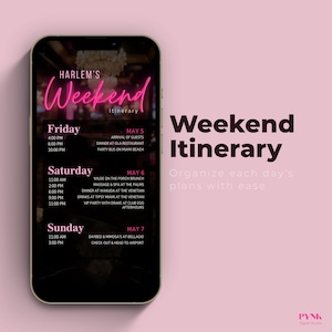 Weekend itinerary slide for Las Vegas birthday trip invitation featuring organized Friday, Saturday, and Sunday schedule. Animated pink neon “Weekend” title with detailed event timeline. Editable Canva digital phone invitation template perfect for birthday weekend trip, girls getaway, or bachelorette celebration planning.