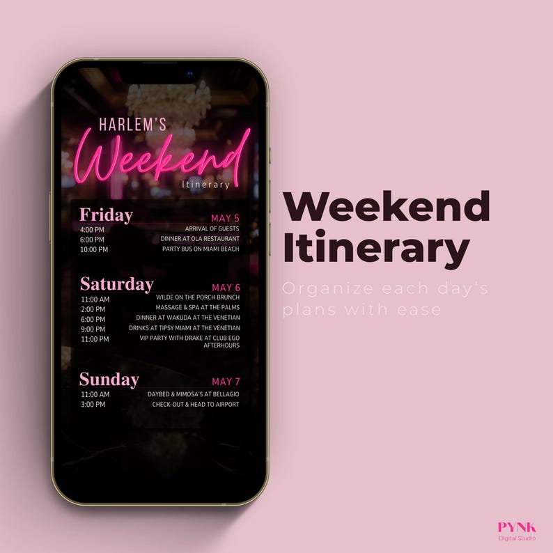 Weekend itinerary slide for Las Vegas birthday trip invitation featuring organized Friday, Saturday, and Sunday schedule. Animated pink neon “Weekend” title with detailed event timeline. Editable Canva digital phone invitation template perfect for birthday weekend trip, girls getaway, or bachelorette celebration planning.