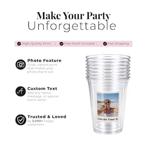 Custom birthday cups bulk personalized drinkware for parties, disposable plastic cups with photo and name, party favor cups bulk order, custom photo cups for birthdays and events, personalized party supplies aesthetic, custom plastic cups high quality print for celebrations