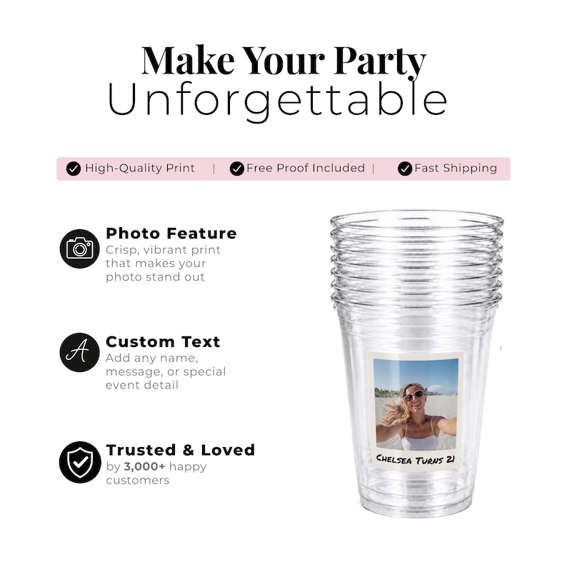 Custom birthday cups bulk personalized drinkware for parties, disposable plastic cups with photo and name, party favor cups bulk order, custom photo cups for birthdays and events, personalized party supplies aesthetic, custom plastic cups high quality print for celebrations