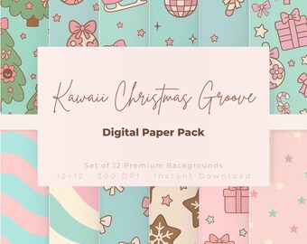 Pink Kawaii Christmas Digital Paper Pack – Pastel Holiday Scrapbook Papers, Pink & Mint Christmas Backgrounds, 12×12 PNG Digital Patterns