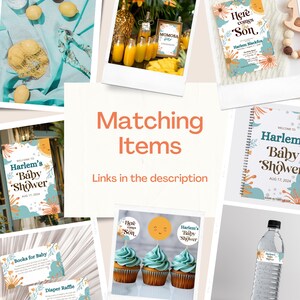 May include: A set of baby shower decorations with a blue, yellow, and green color scheme. The decorations include a welcome sign, cupcake toppers, a water bottle label, and a game activity book. The text on the decorations says "Harlem's Baby Shower" and "Here comes Son".