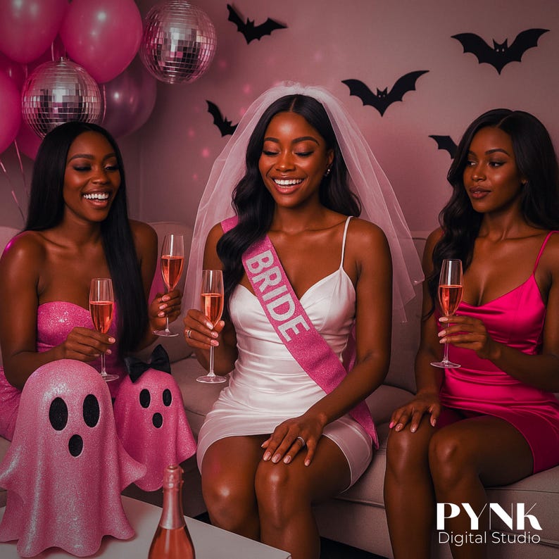 Stunning lifestyle mockup showing a glam Halloween bachelorette party with three Black women dressed in pink. The bride wears a white dress with a pink “BRIDE” sash and veil, holding rosé. The setting features glittery pink ghost props, disco balls, bat decor, and pink balloons in a luxe home environment. Highlights how the digital invite fits a real party vibe. Fun, glam, and modern.