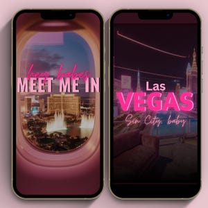 Two animated Las Vegas birthday invitation cover options shown on iPhones featuring “Meet Me in Vegas” and “Las Vegas Sin City Baby” designs. Pink neon typography, city skyline background, and modern luxe aesthetic. Editable Canva digital phone invite template for birthday weekend or girls trip celebration.