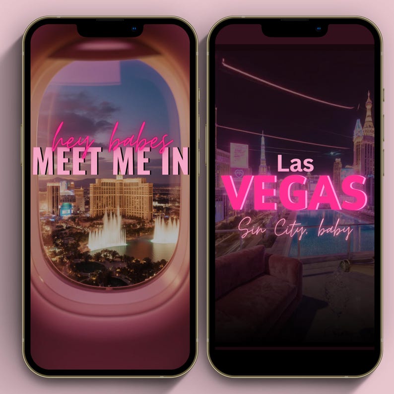 Two animated Las Vegas birthday invitation cover options shown on iPhones featuring “Meet Me in Vegas” and “Las Vegas Sin City Baby” designs. Pink neon typography, city skyline background, and modern luxe aesthetic. Editable Canva digital phone invite template for birthday weekend or girls trip celebration.